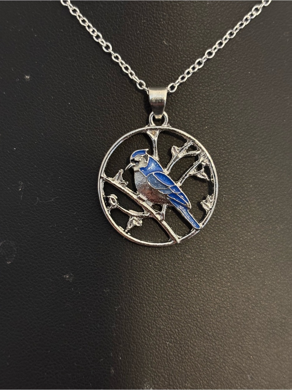 Blue Enamel Bird Pendant Necklace - Silver Finish